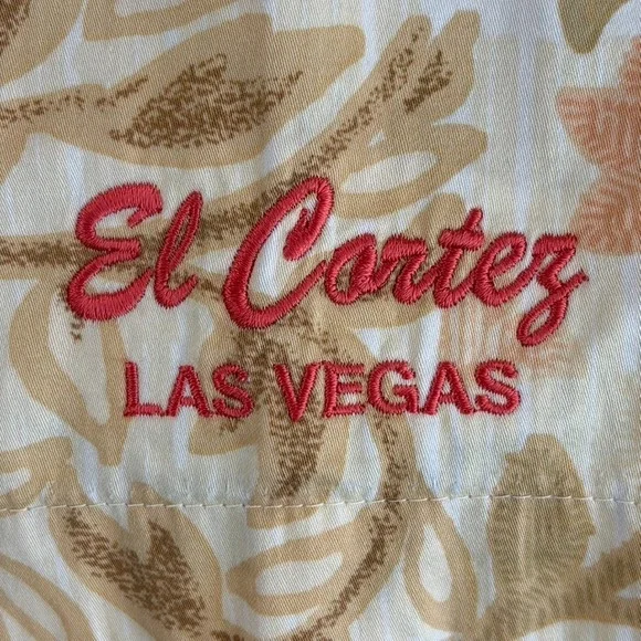 Vintage Bamboo Cay Hawaiian x El Cortez Las Vegas Shirt Men Large Beige Floral - Picture 3 of 9
